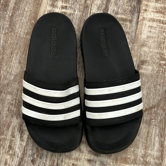 Adidas Black and White Striped Slides - Picture 1 of 6